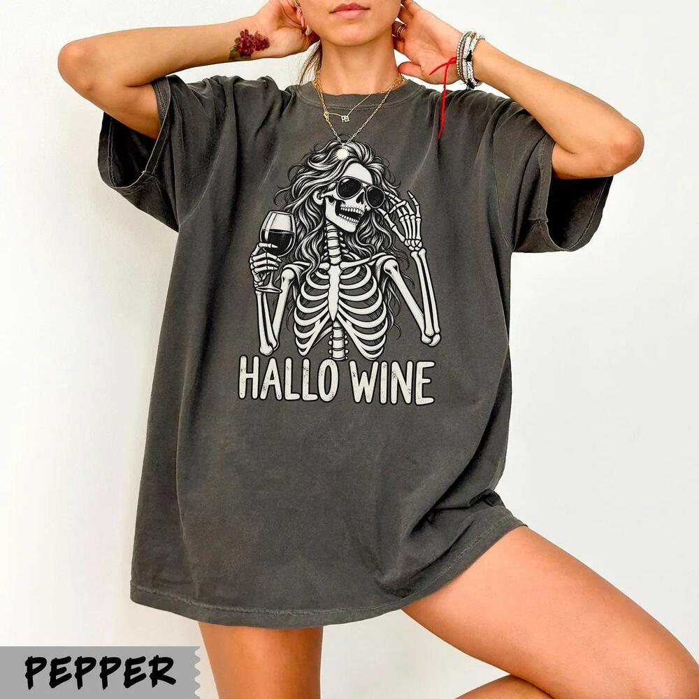 Hallo Wine T-Shirt, Skeleton Wine Lover Shirt, Funny Halloween Graphic